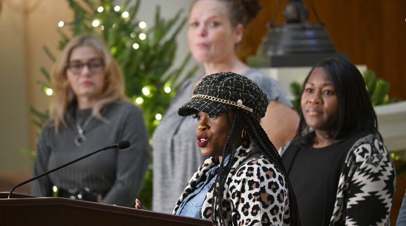 Iffat Walker, founder of Community Action Now, called on Rockdale County to revoke BioLab's business license during a press conference at the Georgia State Capitol, Tuesday, December 3, 2024, in Atlanta. (Hyosub Shin / AJC)