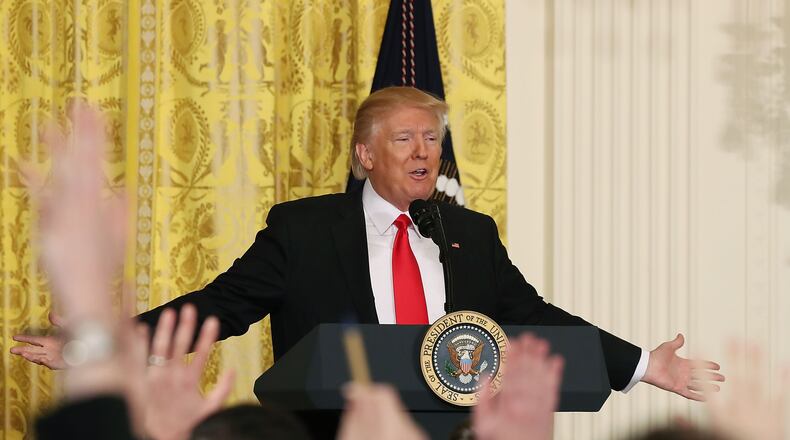 WASHINGTON, DC - FEBRUARY 16: U.S. President Donald Trump takes questions from reporters during a news conference in the East Room at the White House on February 16, 2017 in Washington, DC. President Trump announced that he has nominated Alexander Acosta to be the new Labor Secretary. (Photo by Mark Wilson/Getty Images)