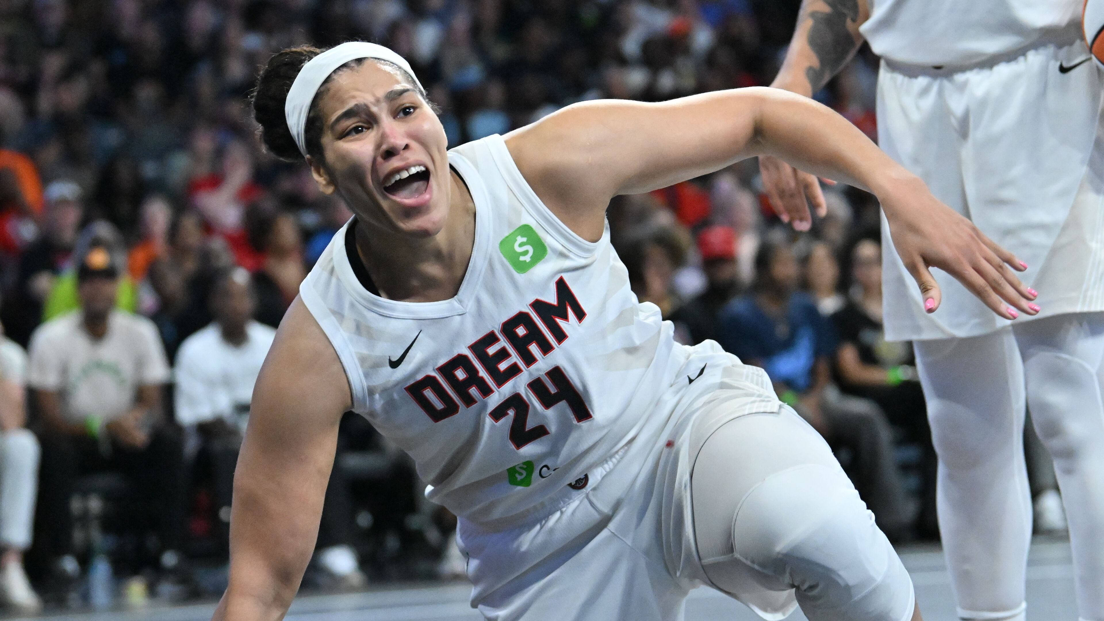 Atlanta Dream forward Brionna Jones (24) reacts to no-call during the first half in a WNBA basketball game at Gateway Center Arena, Saturday, May 24, 2025, in Atlanta. (Hyosub Shin / AJC)
