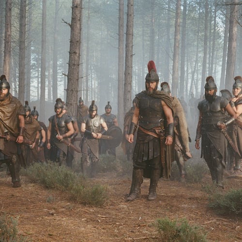 This image released by Universal Pictures shows Matt Damon as Odysseus, center, in a scene from "The Odyssey." (Melinda Sue Gordon/Universal Pictures via AP)