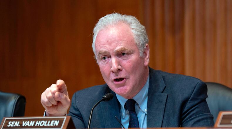FILE - Sen. Chris Van Hollen, D-Md., speaks during the Senate Subcommittee on Commerce, Justice, Science and Related Agencies hearing on Capitol Hill, May 12, 2026, in Washington. (AP Photo/Jose Luis Magana, File)