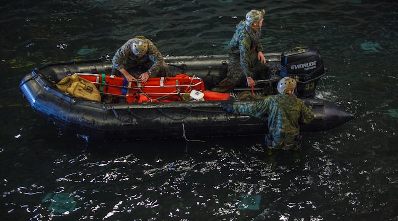 U.S. Marines with All-Domain Reconnaissance Detachment, 15th Marine Expeditionary Unit conduct search and rescue operations following an AAV-P7/A1 assault amphibious vehicle mishap off the coast of Southern California, July 30, 2020. following an AAV-P7/A1 assault amphibious vehicle mishap off the coast of Southern California, July 30, 2020. On August 7, the bodies of seven Marines and one Navy sailor have been recovered after being presumed dead a week after an accident involving an amphibious assault vehicle during training near San Clemente Island, California.