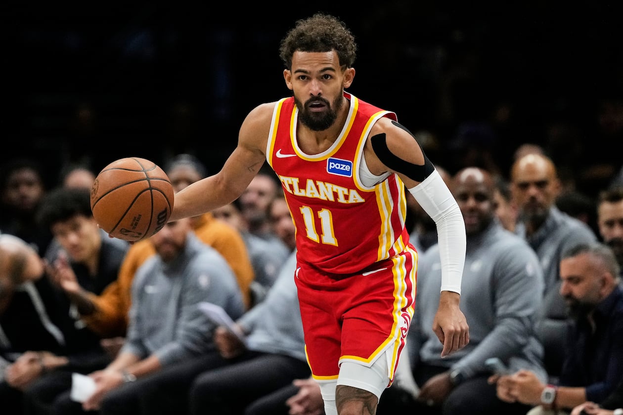 Atlanta Hawks' Trae Young looks to pass during the first half of an NBA basketball game against the Brooklyn Nets Wednesday, Oct. 29, 2025, at Barclays Center in New York. (Frank Franklin II/AP)
