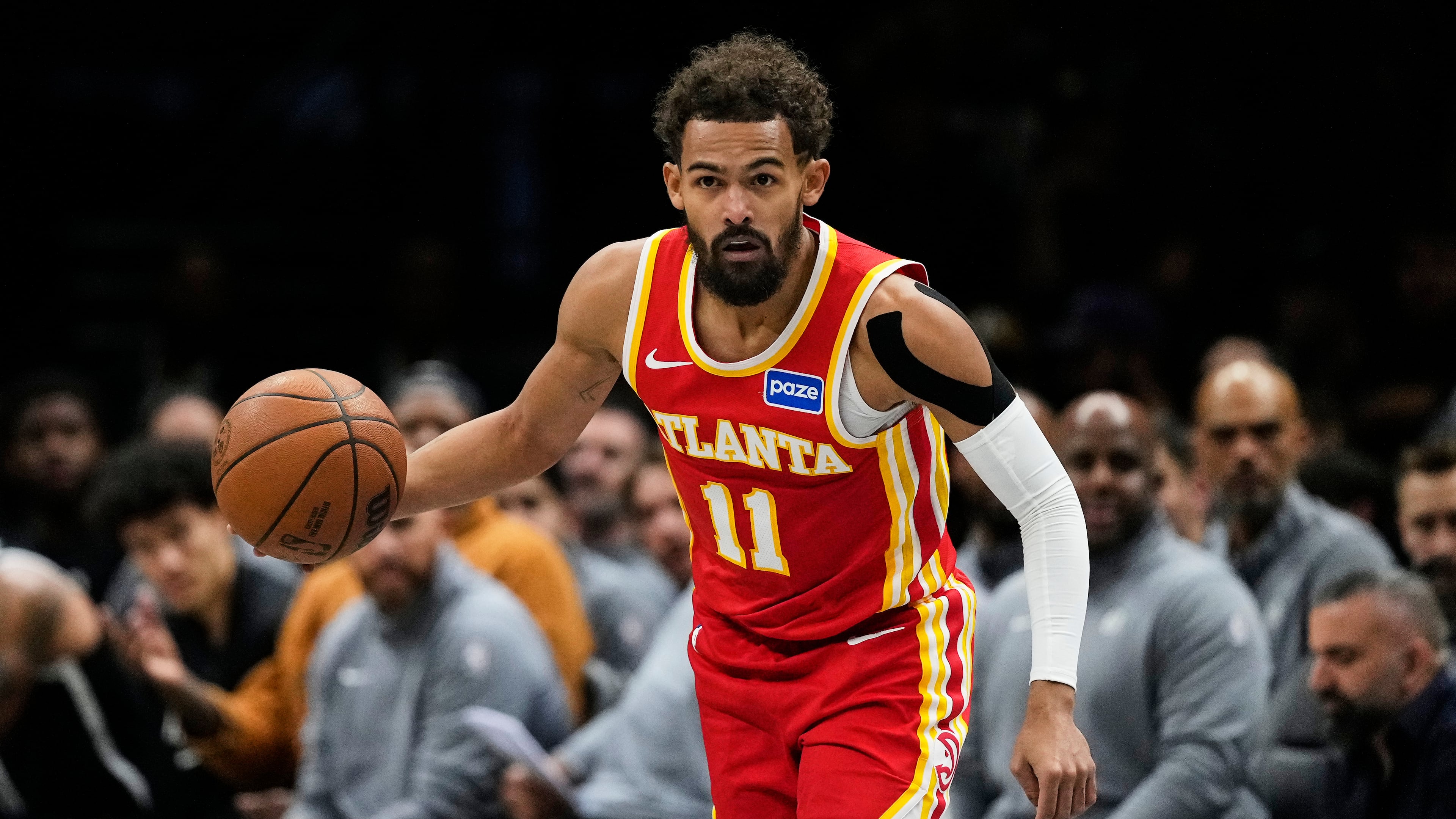 Atlanta Hawks' Trae Young looks to pass during the first half of an NBA basketball game against the Brooklyn Nets Wednesday, Oct. 29, 2025, at Barclays Center in New York. (Frank Franklin II/AP)
