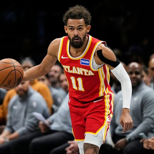 Atlanta Hawks' Trae Young looks to pass during the first half of an NBA basketball game against the Brooklyn Nets Wednesday, Oct. 29, 2025, at Barclays Center in New York. (Frank Franklin II/AP)