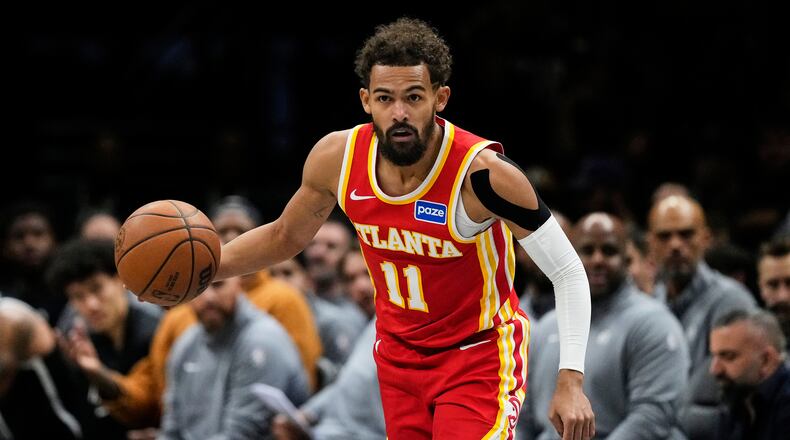 Atlanta Hawks' Trae Young looks to pass during the first half of an NBA basketball game against the Brooklyn Nets Wednesday, Oct. 29, 2025, at Barclays Center in New York. (Frank Franklin II/AP)