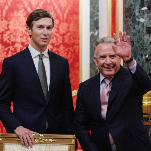 U.S. President Donald Trump's envoys Steve Witkoff, right, and Jared Kushner wait to attend the talks with Russian President Vladimir Putin at the Senate Palace of the Kremlin in Moscow, on Saturday, Sept. 5, 2026. (Gavriil Grigorov/Sputnik/Kremlin Pool Photo via AP)