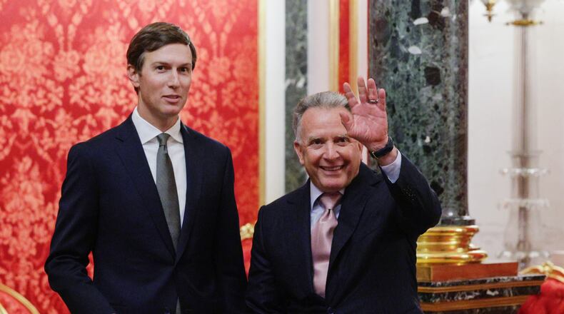 U.S. President Donald Trump's envoys Steve Witkoff, right, and Jared Kushner wait to attend the talks with Russian President Vladimir Putin at the Senate Palace of the Kremlin in Moscow, on Saturday, Sept. 5, 2026. (Gavriil Grigorov/Sputnik/Kremlin Pool Photo via AP)