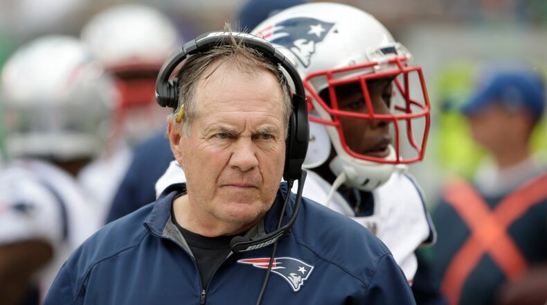 New England Patriots head coach Bill Belichick watches his team play during the first half against the New York Jets Sunday, Oct. 15, 2017, in East Rutherford, N.J.