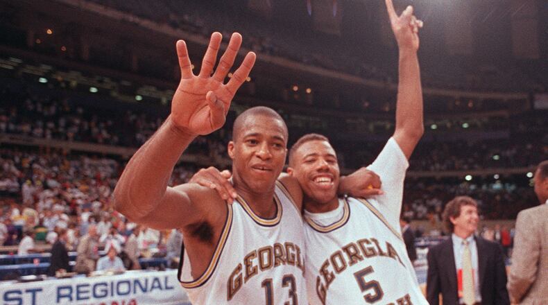 Brian Oliver (No. 13) and Karl Brown (No. 5) celebrate Georgia Tech's berth in the Final Four after defeating Minnesota 93-91 in the Southeast Region finals of the NCAA tournament March 25, 1990 at the Louisiana Superdome in New Orleans. (AJC file photo by Frank Niemeir)