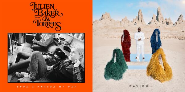 This combination of photos shows album art for “Send a Prayer My Way” by Julien Baker and Torres, left, and "5ive" by Davido. (Matador via AP, left, and Sony via AP)