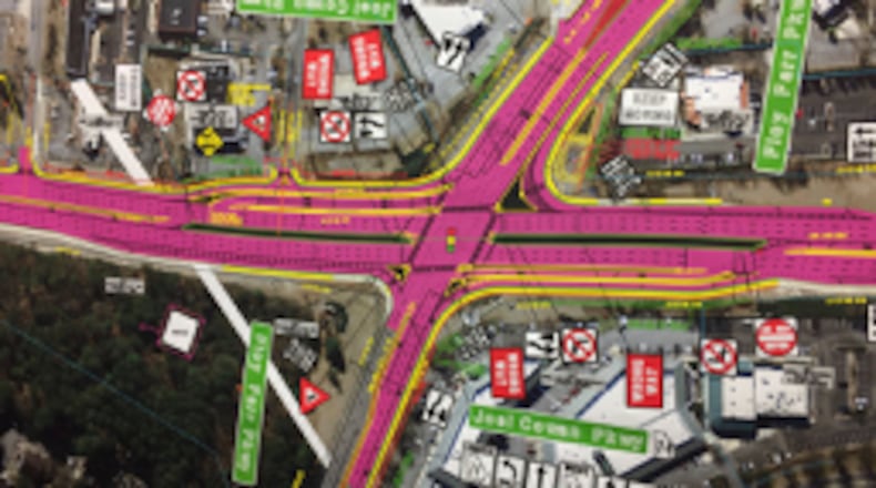 A GDOT map shows areas in pink where reconfigured traffic lanes are planned for Ga. 74/54 in Peachtree City. Jill Howard Church for the AJC