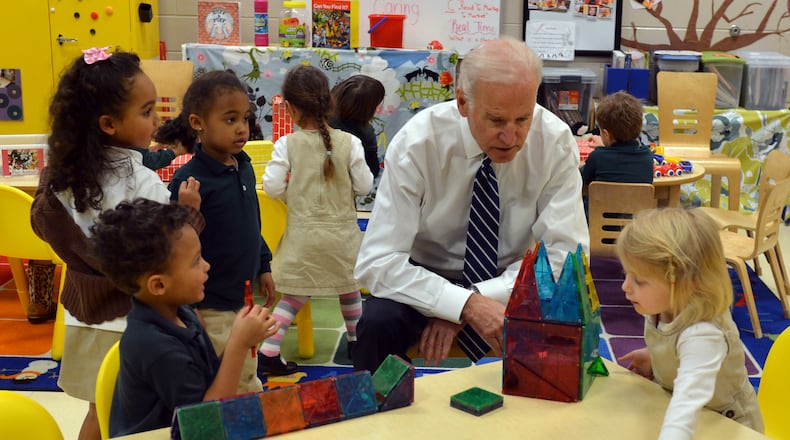 Joe Biden visits a pre-school class at the East Lake Early Leaning Academy Tuesday morning March 4, 2014.