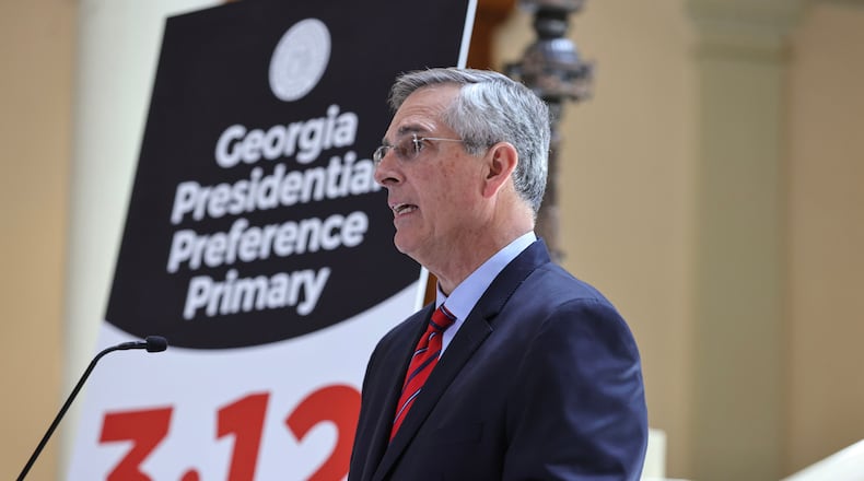 Georgia Secretary of State Brad Raffensperger disagrees with assertions made at a 2023 news conference that the state's voter rolls are bloated with people who have died or moved away. He says Georgia's voter lists are "the cleanest in the nation." (Natrice Miller/AJC)