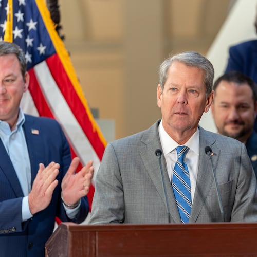 Gov. Brian Kemp speaks before signing multiple pieces of legislation inside the Georgia State Capitol building Monday. (Ben Hendren/AJC)