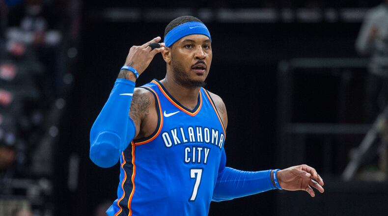 The Oklahoma City Thunder's Carmelo Anthony (7) celebrates a 3-point basket against the Sacramento Kings at Golden 1 Center in Sacramento, Calif., on Thursday, Feb. 22, 2018. (Hector Amezcua/Sacramento Bee/TNS)
