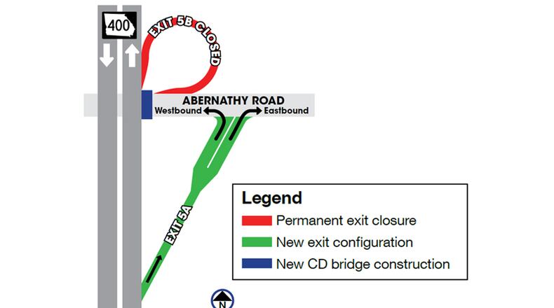 Map depicts the closure Thursday, June 25, of Exit 5B from northbound Ga. 400 to westbound Abernathy Road in the Perimeter area of Sandy Springs and Dunwoody. GEORGIA DEPARTMENT OF TRANSPORTATION