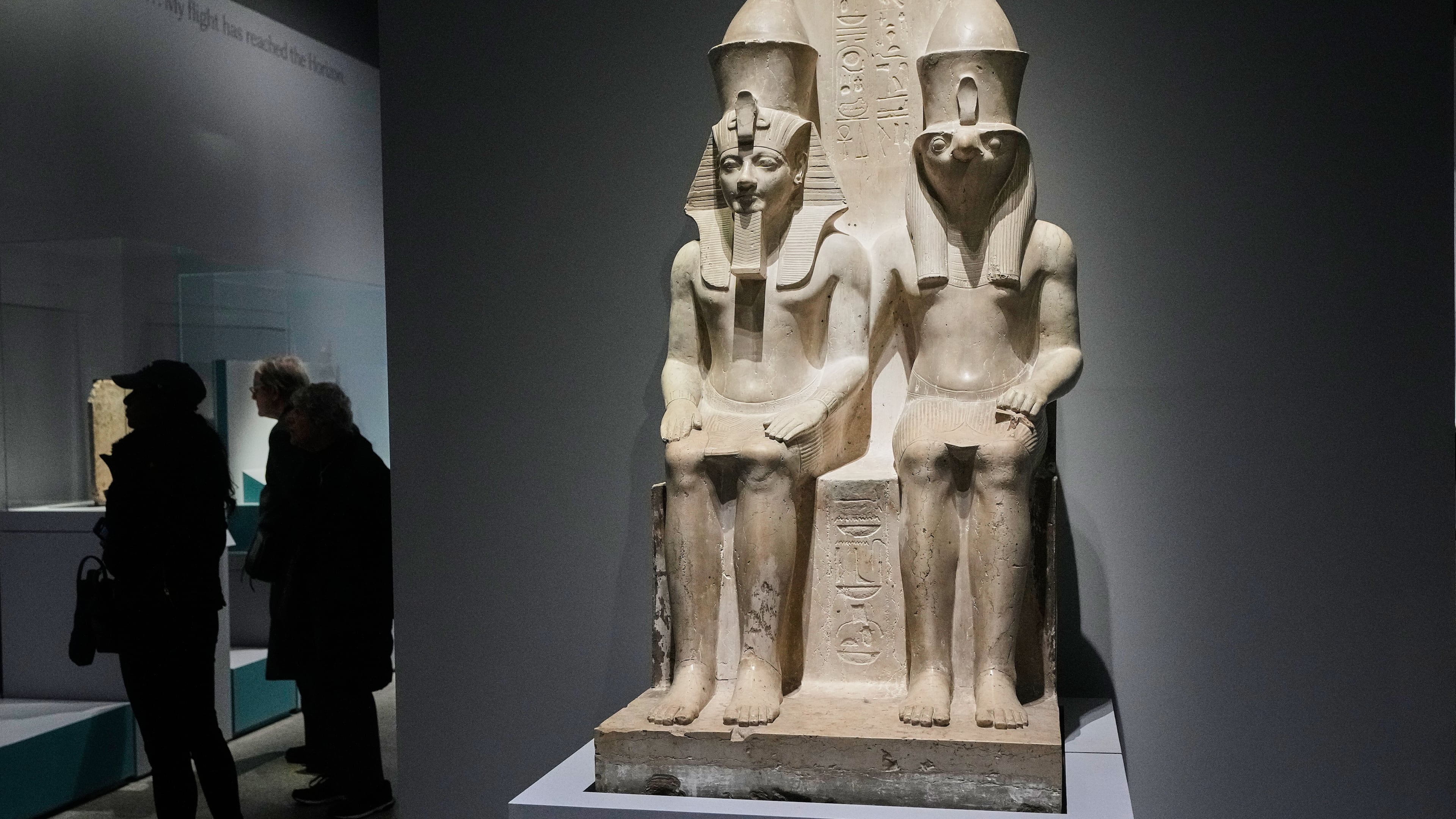 A double statue of King Haremhab and Horus is displayed in the Divine Egypt exhibition, at the Metropolitan Museum of Art, in New York, Tuesday, Oct. 14, 2025. (AP Photo/Richard Drew)
