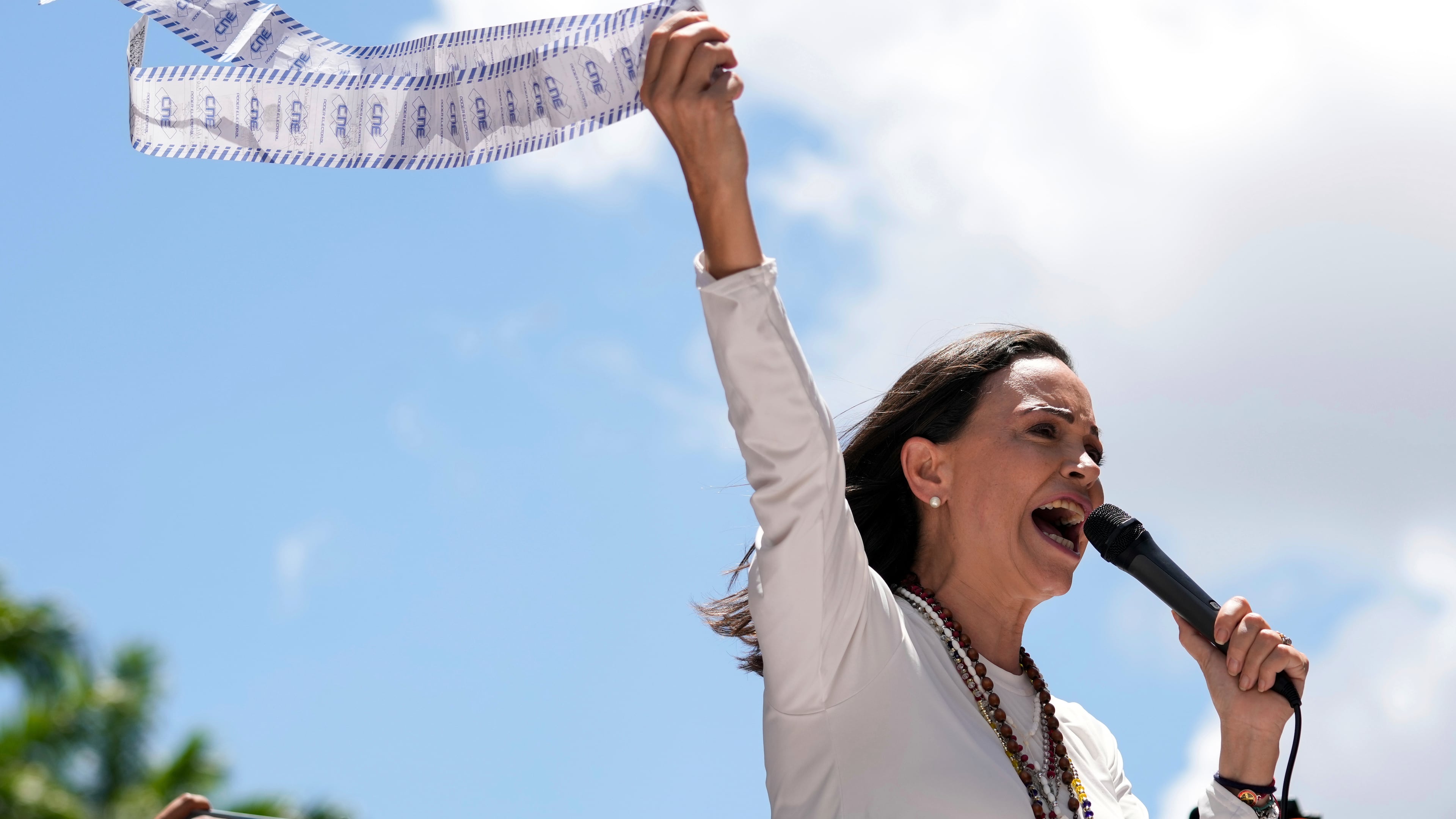 FILE - Opposition leader Maria Corina Machado displays vote tally sheets during a protest against the reelection of President Nicolas Maduro one month after the disputed presidential vote which she says the opposition won by a landslide, in Caracas, Venezuela, Wednesday, Aug. 28, 2024. (AP Photo/Ariana Cubillos, file)
