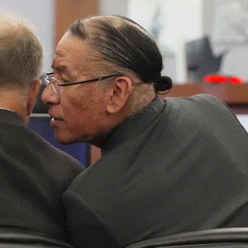 Nathan Chasing Horse, right, talks to his attorney Craig Mueller during his trial on charges of sexually abusing Indigenous women and girls Tuesday, Jan. 13, 2026, in Las Vegas. (AP Photo/Ty ONeil)