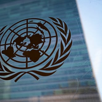 FILE - The symbol of the United Nations is displayed outside the Secretariat Building, Feb. 28, 2022, at United Nations Headquarters. (AP Photo/John Minchillo, File)
