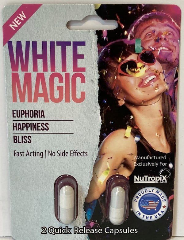 This photo provided by the FDA in January 2024 shows capsules of White Magic, a product labeled to contain tianeptine. (FDA Office of Regulatory Affairs, Health Fraud Branch via AP)