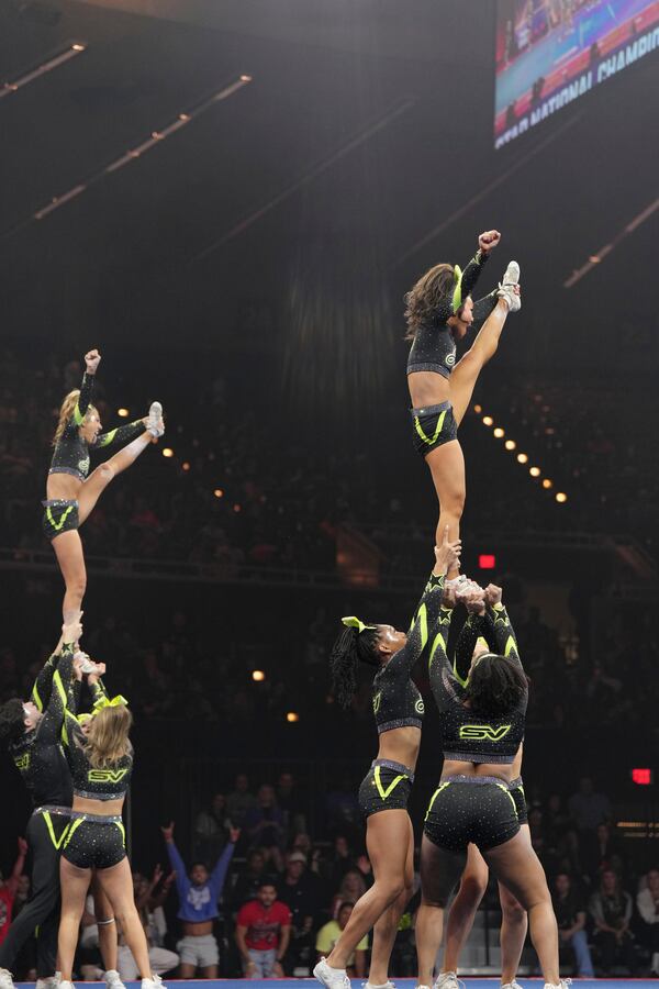 In this image provided by Varsity Spirit, cheerleaders compete during a Varsity Spirit event in March 2025 in Dallas. (Varsity Spirit via AP)