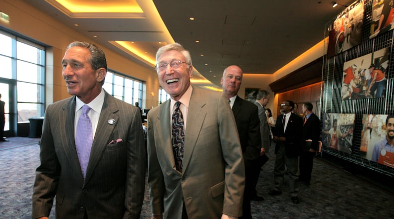Home Depot co-founders Arthur Blank (L) and Bernie Marcus before the Home Depot annual shareholder meeting in 2007. AJC file