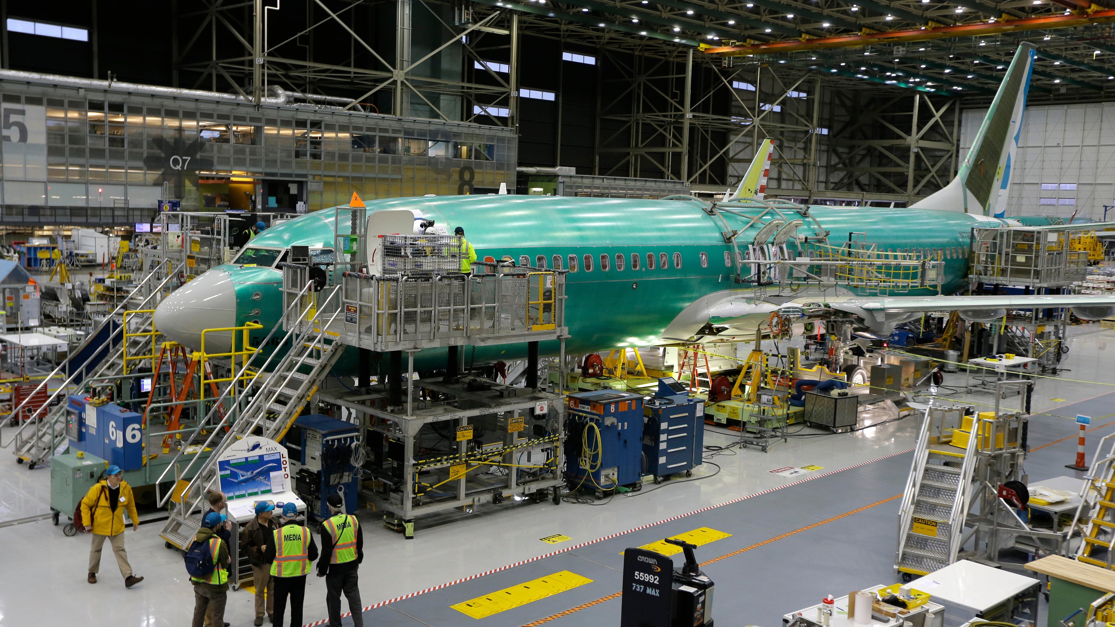 FILE - The second Boeing 737 MAX airplane being built is on the assembly line in Renton, Wash., on Monday, Dec. 7, 2015. (AP Photo/Ted S. Warren, File)