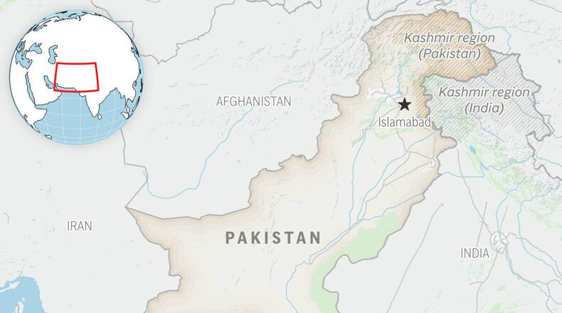 This is a locator map for Pakistan with its capital, Islamabad, and the Kashmir region. (AP Photo)