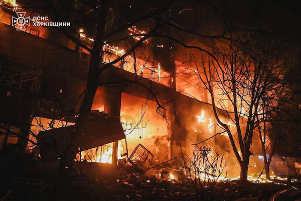 In this photo provided by the Ukrainian Emergency Service, a view after a Russian attack that hit a residential building in Kharkiv, Ukraine, Wednesday, June 11, 2025. (Ukrainian Emergency Service via AP)