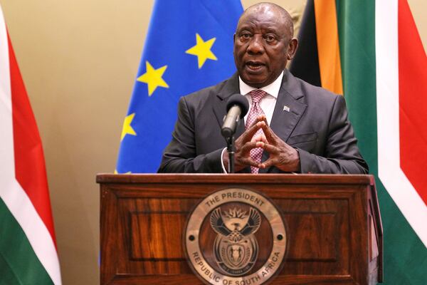 FILE - South Africa's President Cyril Ramaphosa speaks to journalist during the eighth EU-South Africa summit in Cape Town, South Africa, March 13, 2025. (AP Photo/Nardus Engelbrecht, File)