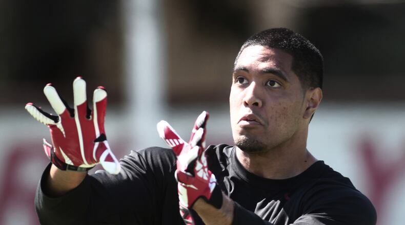 Stanford tight end Levine Toilolo prepares to catch a pass at Stanford football Pro Day on the Stanford University campus in Stanford, Calif., Thursday, March 21, 2013.