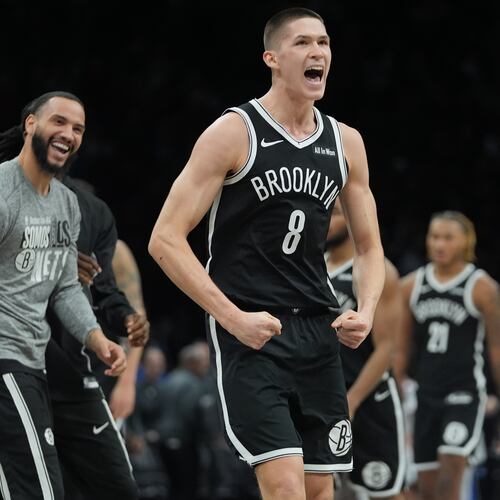 Brooklyn Nets' Egor Demin (8) celebrates after making a three-point shot during the second half of an NBA basketball game against the Orlando Magic Wednesday, Jan. 7, 2026, in New York. (AP Photo/Frank Franklin II)