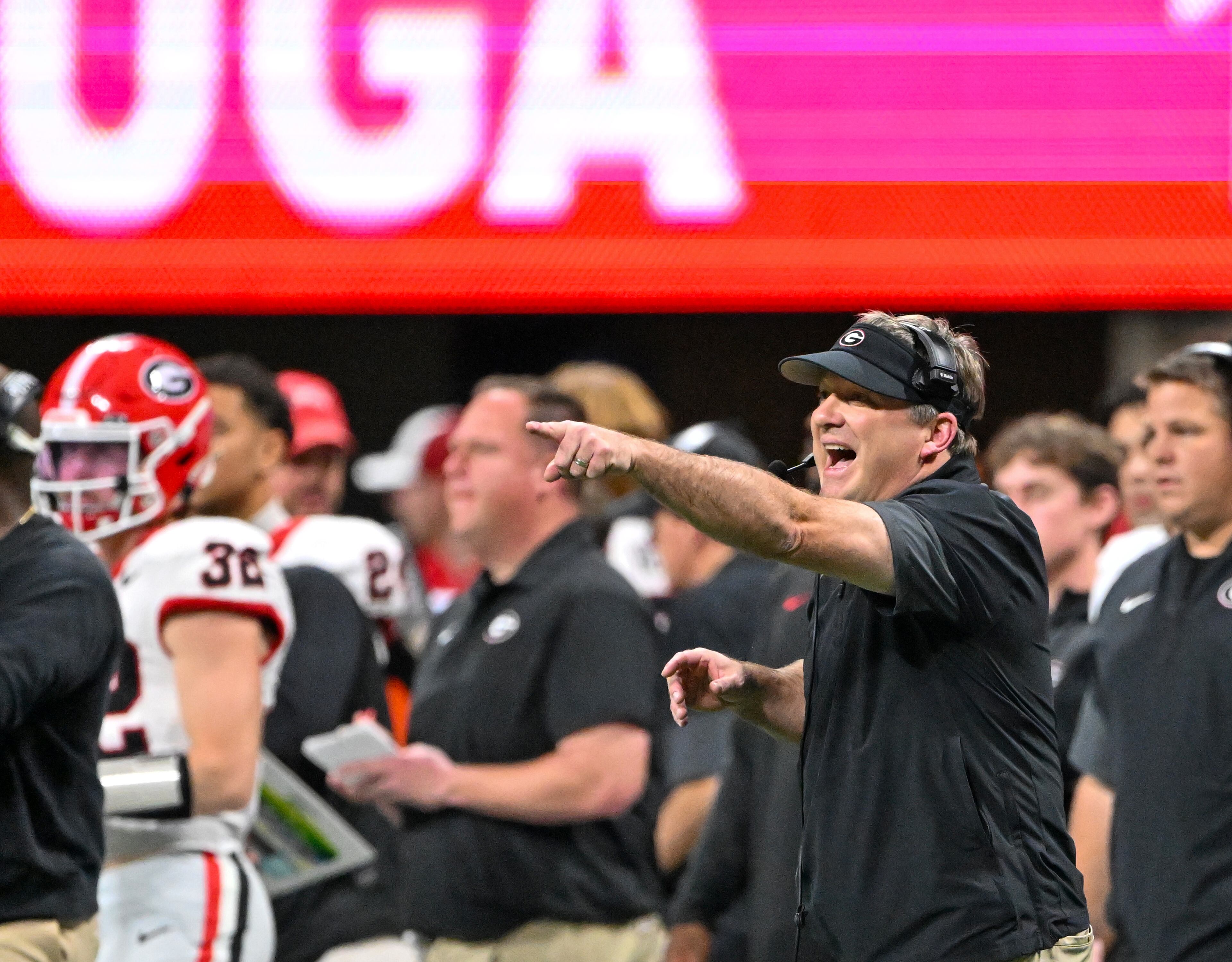 Georgia head coach Kirby Smart reacts on the sideline against Alabama during the second quarter of the SEC Championship game at Mercedes-Benz Stadium, Saturday, Dec. 6, 2025, in Atlanta. (Hyosub Shin / AJC)