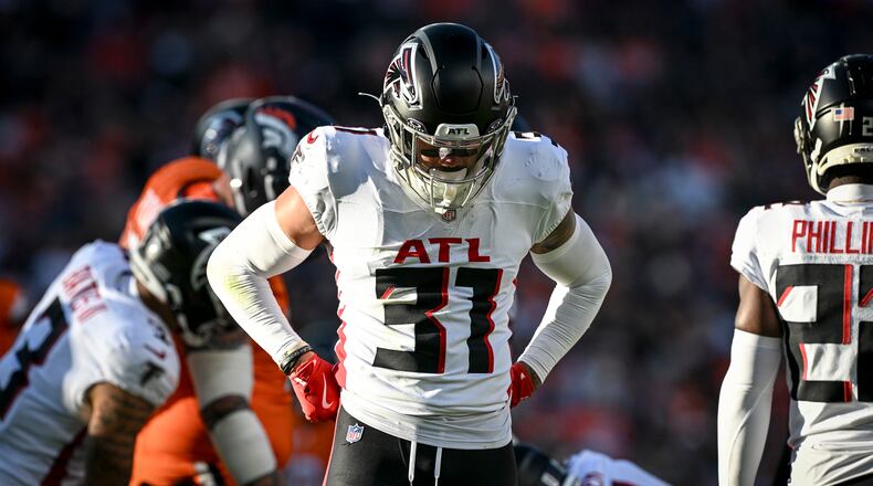 Justin Simmons (31) of the Atlanta Falcons takes a breather against the Denver Broncos during the second quarter at Empower Field at Mile High in Denver on Sunday, Nov. 17, 2024. (AAron Ontiveroz/The Denver Post/TNS)