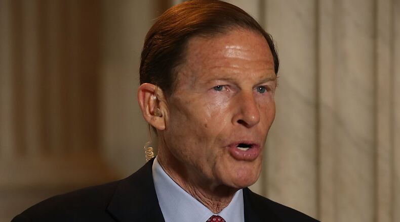Sen. Richard Blumenthal, D-Conn., speaks on a morning television news show on May 10, 2017 in Washington, DC. (Photo by Mark Wilson/Getty Images)