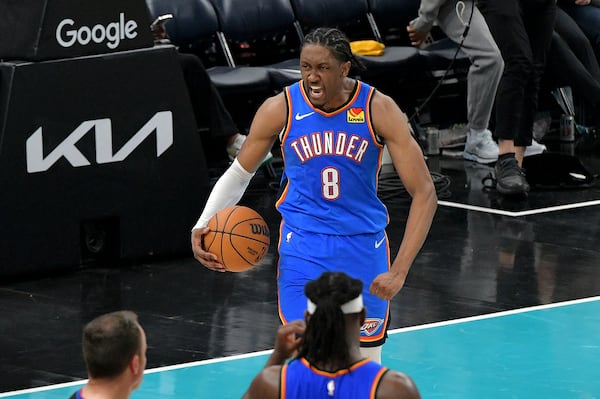 Oklahoma City Thunder forward Jalen Williams (8) reacts in the second half of Game 3 of an NBA first-round playoff series against the Memphis Grizzlies Thursday, April 24, 2025, in Memphis, Tenn. (AP Photo/Brandon Dill)