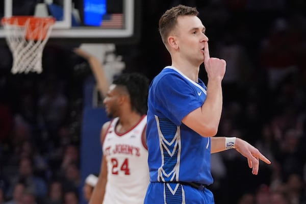Creighton's Steven Ashworth gestures after making a three-point shot during the first half of an NCAA college basketball game against the St. John's in the championship of the Big East Conference tournament Saturday, March 15, 2025, in New York. (AP Photo/Frank Franklin II)