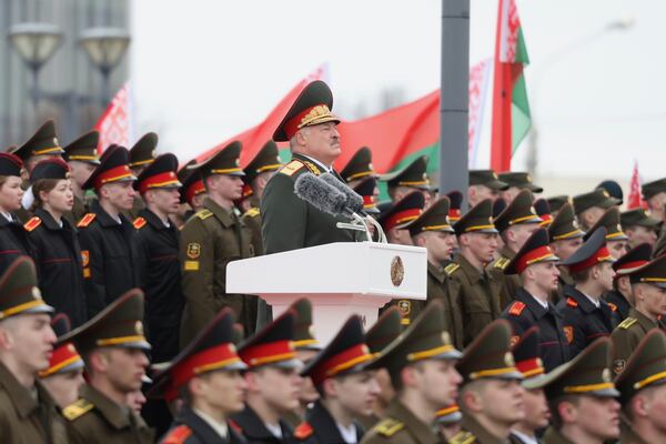 In this photo, released by Belarus' Presidential Press Service, Belarusian President Alexander Lukashenko attends ceremony of military personnel taking the oath of allegiance to the Belarusian people and the President of the Republic of Belarus after his inauguration in Minsk, Belarus, Tuesday, March 25, 2025. (Belarus' Presidential Press Service via AP)