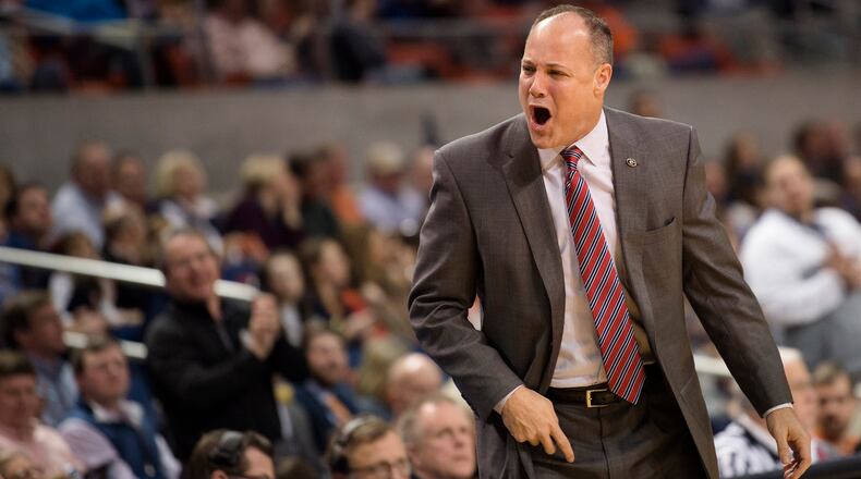 Georgia head coach Mark Fox reacts to a call during the first half of an NCAA college basketball game, Saturday, Jan. 20, 2018, in Auburn, Ala. (AP Photo/Albert Cesare)