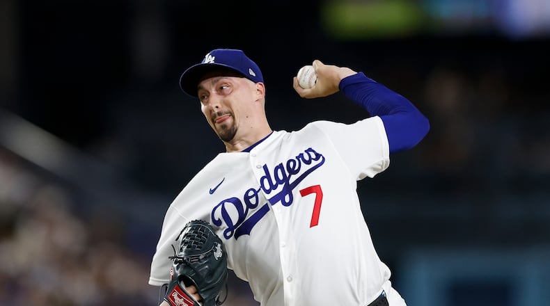 Los Angeles Dodgers starting pitcher Blake Snell (7) throws during the fifth inning of a baseball game against the Kansas City Royals, Tuesday, Aug. 11, 2026, in Los Angeles. (AP Photo/Caroline Brehman)