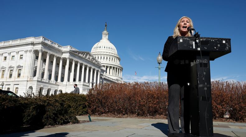 U.S. Rep. Marjorie Taylor Greene, R-Ga., speaks to the media on Capitol Hill, on Friday, Feb. 5, 2021, in Washington, D.C. (Yuri Gripas/Abaca Press/TNS)