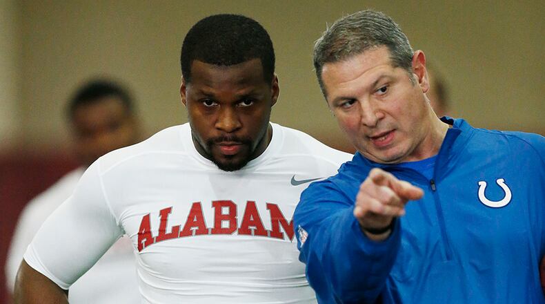 Linebacker Reggie Ragland runs drills during Alabama's NFL football Pro Day, Wednesday, March 9, 2016, in Tuscaloosa, Ala.