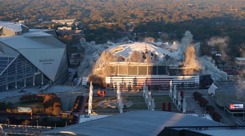Explosives bring down the Georgia Dome Monday, Nov. 20, 2017, in Atlanta.