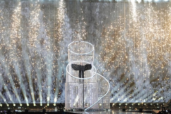 Yuval Raphael from Israel performs the song "New Day Will Rise" during the dress rehearsal for the second semi-final of the 69th Eurovision Song Contest, in Basel, Switzerland, Wednesday, May 14, 2025. (AP Photo/Martin Meissner)