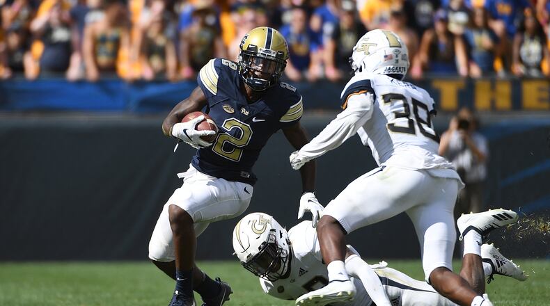 Panthers’ Maurice Ffrench runs upfield after a catch in the fourth quarter against the Georgia Tech Yellow Jackets Sept. 15, 2018, at Heinz Field in Pittsburgh.