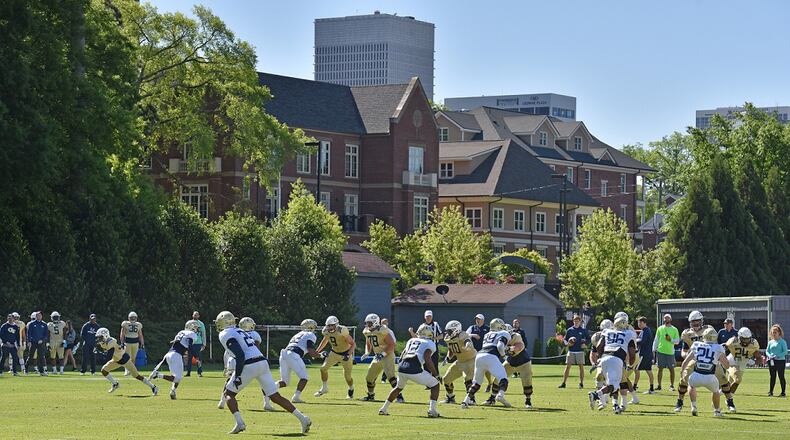 Georgia Tech football players participate in a drill at Georgia Tech's football outdoor practice field on Tuesday, April 16, 2019. HYOSUB SHIN / HSHIN@AJC.COM