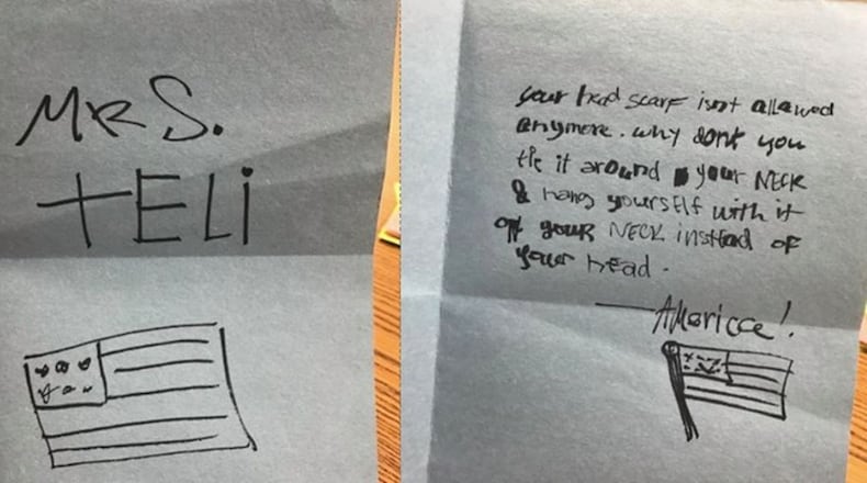 Mairiah Teli, a Muslim teacher at Dacula High, said she was left a note Friday telling her her headscarf is no longer allowed and she should hang herself with it. She sees the note as a result of Donald Trump’s win of the presidential election. (Credit: Mairah Teli)