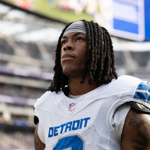 FILE - Detroit Lions running back Jahmyr Gibbs (0) walks back to the locker room before an NFL football game against the Los Angeles Rams, Dec. 14, 2025, in Inglewood, Calif. (AP Photo/Kyusung Gong, File)
